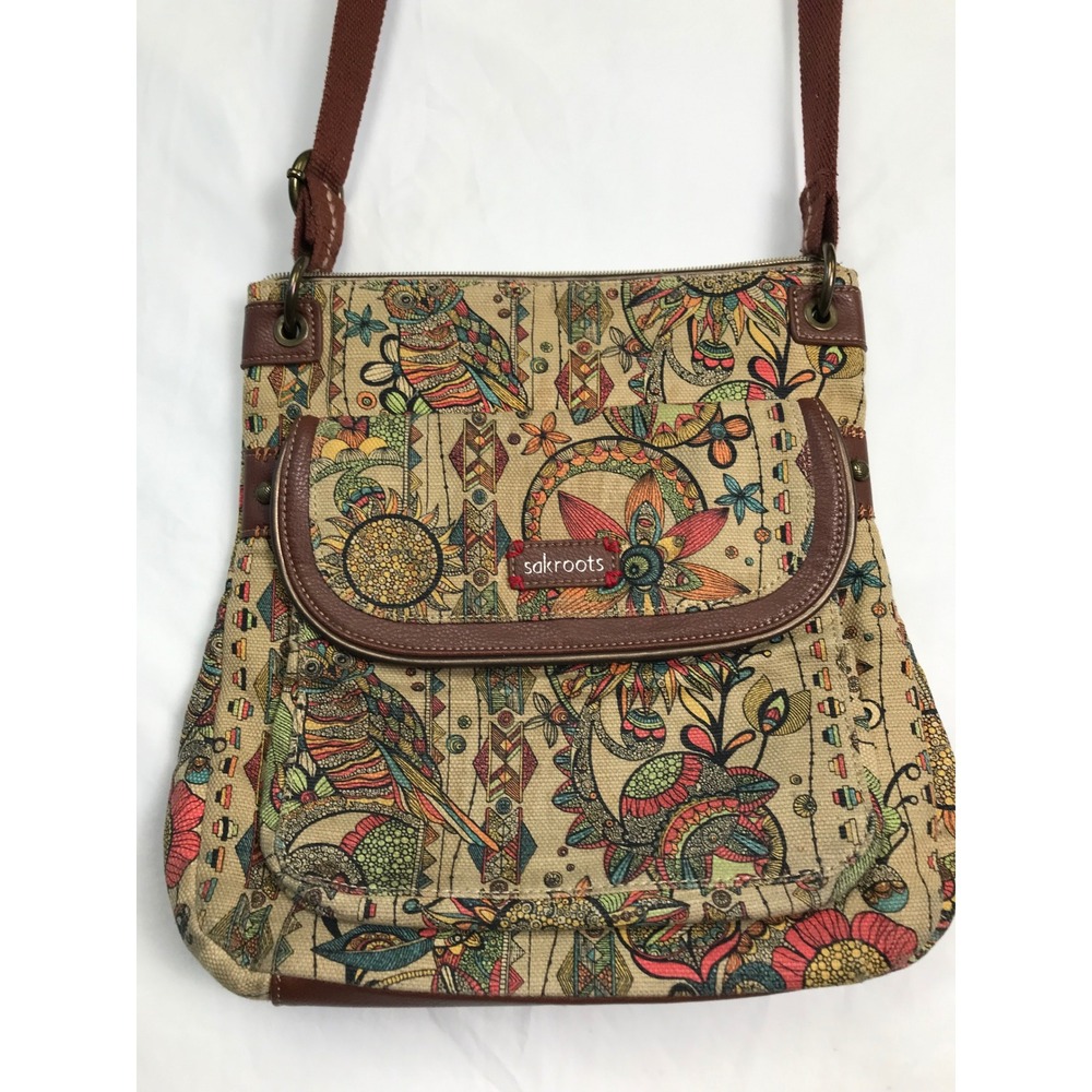 Sakroots Artist Circle Crossbody Bag Owl Floral Canvas Tan Boho Messenger Purse